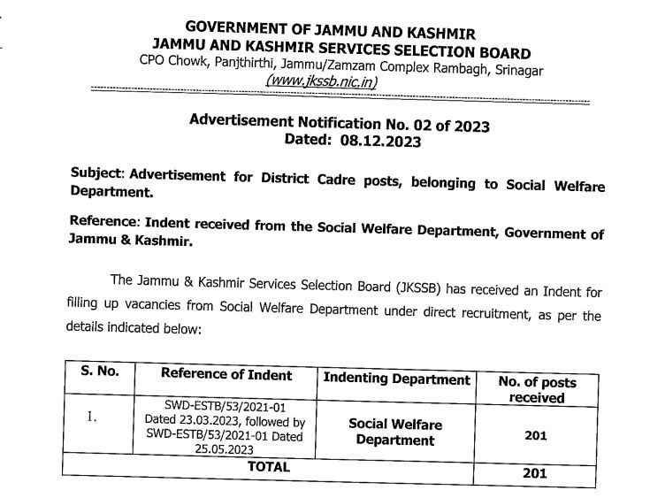 JKSSB Recruitment 2023 Notification, jkssb social welfare recruitment 2023 for females