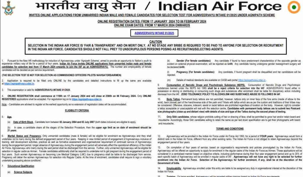 IAF Recruitment 2024 Notification, IAF vacancy 2024