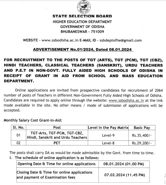 SSB TGT Recruitment 2024 apply online, SSB Odhisha Teacher Recruitment 2024