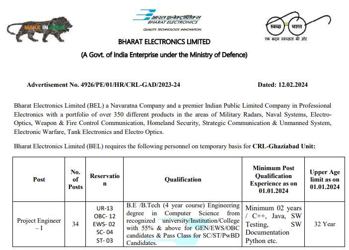 BEL Recruitment 2024 Notification, BEL Vacancy 2024