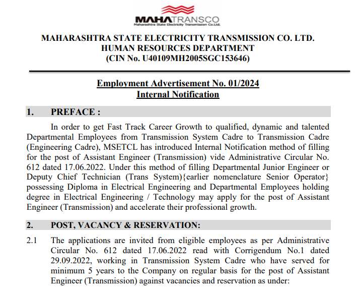 MahaTransco Recruitment 2024 Notification, MahaTransco Vacancy 2024 