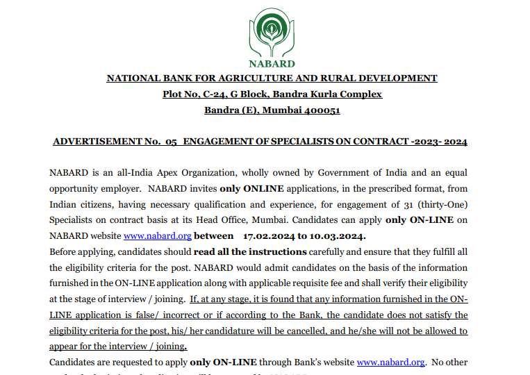 NABARD Recruitment 2024 Notification, NABARD SO Recruitment 2024