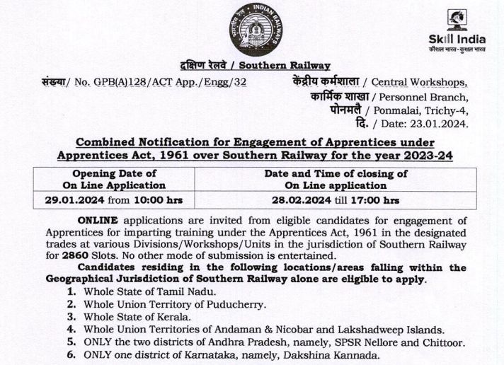 Southern Railway Recruitment 2024 Notification, RRC SR Recruitment 2024